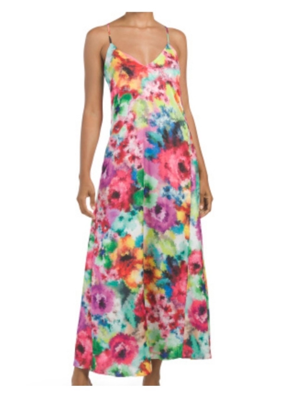 Nicole Miller Rainbow Watercolor Floral Satin Slip Spaghetti Strap Maxi Dress 2X